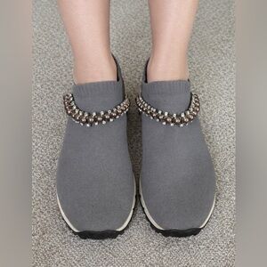 Jimmy Choo Gray Knit Slip-On Sneakers with Pearl & Crystal Collar
